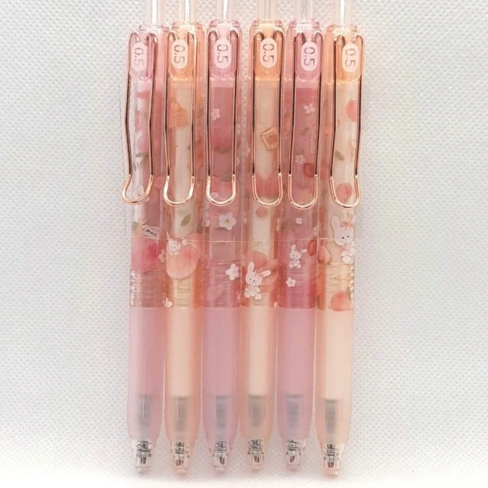 Joytop Peaches 6pc Gel Pen Set 0.5mm Black Ink Bunny‎ Kawaii Stationery